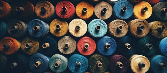  Pile of big colorful spools of  polyester threads for sewing on coils and embroidery machine, textiles, background. 
 - obrazy, fototapety, plakaty