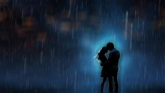 Seamless loop animation. Couple in Love formed of rain drops in the night beau. Created using Generative AI Technology