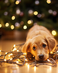 an adorable Golden Retriever puppy laying on the Christmas lights, puppy at Christmas, helping to decorate the tree for the Holidays