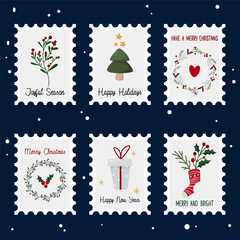 Set of Christmas postage stamps on blue background. Vector cartoon illustration in postmark template. Winter theme collection. Christmas tree, sock, wreath