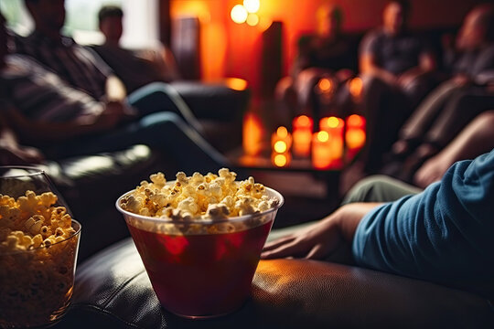 friends enjoying popcorn and drinks while watching a movie.