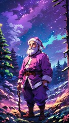 Santa, in the forest, beneath the starry Christmas sky