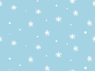 Hand drawn doodle white Snowflakes on blue Background. Cute Christmas Holiday snow seamless Pattern. Winter snowflake ornament for Design