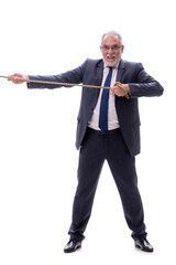 Old businessman with rope isolated on white