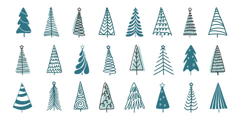 Collection of different abstract Doodle Christmas trees. Green Sketch drawn Spruce pine Fir Isolated on white. Winter Xmas holidays symbol. Design element