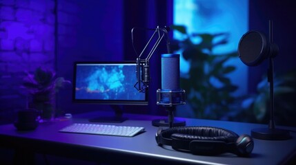 Podcast microphone, laptop computer camera and headphones on desk in recording studio
