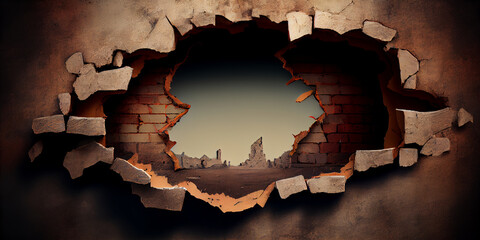 Destroyed red brick wall. - obrazy, fototapety, plakaty