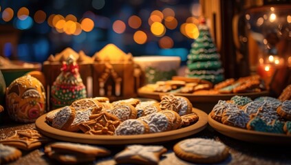 Assorted decorated cookies on a festive market backdrop, ideal for holiday bakery promotions or event planning. Perfect for bakeries to advertise holiday treats - obrazy, fototapety, plakaty