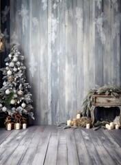 Serene Christmas scene with a decorated tree and rustic ornaments, suitable for holiday home decor themes. Ideal for seasonal home decoration or as a festive backdrop for holiday photoshoots.