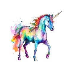 Obraz na płótnie Canvas Watercolor illustration of a rainbow unicorn on white background.