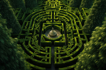 Aerial view of green garden like hedge maze, labyrinth of trimmed bushes in summer. Geometric pattern of plants in park. Concept of nature and fantasy. - obrazy, fototapety, plakaty