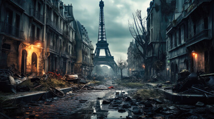 Destroyed Paris, fiction fantasy view of post apocalypses in Europe - obrazy, fototapety, plakaty