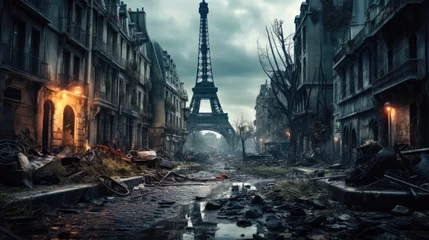 Türaufkleber Paris Destroyed Paris, fiction fantasy view of post apocalypses in Europe