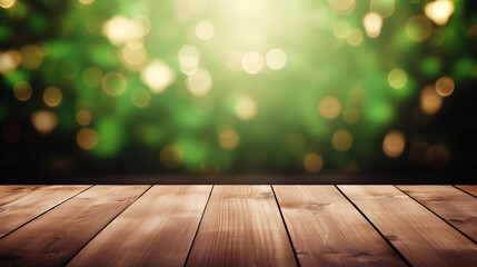 Empty wooden table mockup with defocused green and gold background, shamrock and golden glitter for Saint Patrick's Day designs - obrazy, fototapety, plakaty