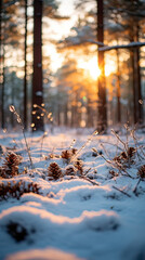 Pinecones in snowy forest. Generative AI.