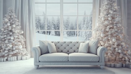 A serene winter-themed living room with a decorated Christmas tree and candles by the window. holiday real estate showcases, or interior design marketing.