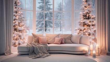 Cozy winter interior with a sofa and Christmas tree, large window showcasing a snowy landscape. Perfect for holiday home décor inspiration and interior design advertising.