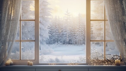 Cozy winter scene with a lantern and decorations on a windowsill overlooking a snowy landscape. Perfect for holiday-themed marketing, interior design inspiration, or seasonal greeting cards.