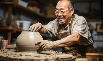 Masterful Pottery Creation by Elderly Chinese Man in Studio