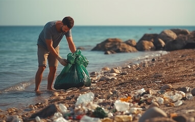 Young man cleaning up garbage on the beach. - obrazy, fototapety, plakaty