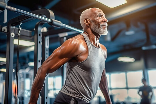 An old African American man goes in for sports with a gym. Healthy lifestyle