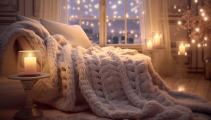Cozy room with plush bedding, string lights, candles, and a snowy window view, ideal for a warm ambiance.