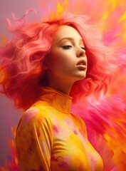 Obraz na płótnie Canvas A youthful woman with pink hair in a dynamic cloud of color, ideal for beauty and fashion marketing. Great for beauty campaigns, hair product advertisements, or artistic editorials.