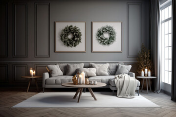 Subdued Holiday Charm. A classic living room adorned with elegant Christmas wreaths and soft candlelight, offering a muted yet festive ambiance