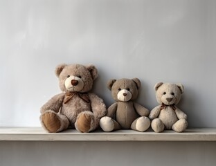 Teddy bears of varying sizes on a shelf, capturing a family-like togetherness and warmth. family therapy visual aids, or a warm, inviting advertisement for a toy store.