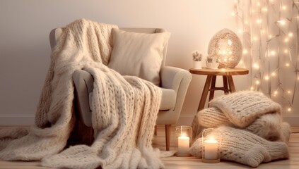 Cozy armchair with a knitted blanket and candles, creating a warm, inviting ambiance. Perfect for home decor magazines, interior design ads, or furniture catalogs.