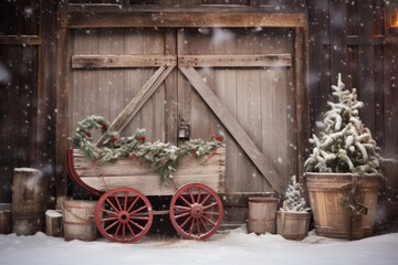A rustic wooden sled leaning against a weathered barn, surrounded by a snowy landscape adorned with twinkling Christmas lights and decorations
