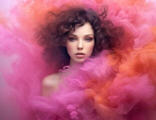 Mystical young woman emerging from vibrant pink clouds, perfect for beauty and fantasy-themed marketing. 