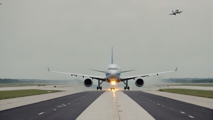 Airplane landing/taking off at airport exterior 