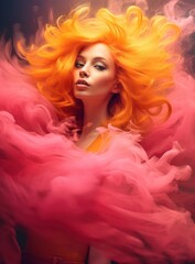 Surreal portrait of a woman enveloped in pink clouds, perfect for creative projects or beauty ads. Ideal for artistic direction in makeup advertising, fantasy-themed visuals, or vibrant poster designs