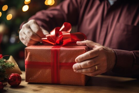 A close-up image of a pair of hands delicately tying a vibrant red bow on a beautifully wrapped Christmas gift with festive decorations in the background