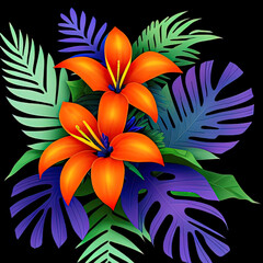 illustration of a bouquet of exotic purple blue leaves and orange flowers on a black background, generation ai