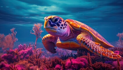 A vibrantly colored sea turtle glides at the ocean's surface, where water meets a stunning sunset sky. Ideal for environmental campaigns, marine biology educational materials, or tropical travel
