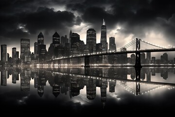 Panoramic view of a bridge over the water in a big city with reflection in the water. Black and...