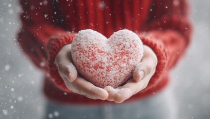 Hands in a cozy sweater cradling a snow heart, symbolizing warmth and love in winter's chill. Suitable for winter holiday themes