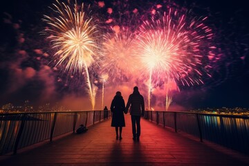 Fototapeta na wymiar A loving couple holding hands, walking towards a spectacular fireworks display, celebrating the arrival of the New Year