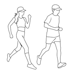 Vector silhouettes of man and woman running, linear sketch, profile, people, black color,  isolated on white background