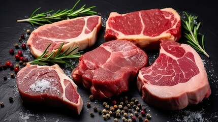 Raw meat, pork and beef steaks with spices