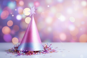 A close-up shot of the tip of a vibrant cone party hat, adorned with glitter and ribbons, symbolizing joyous celebrations and New Year festivities