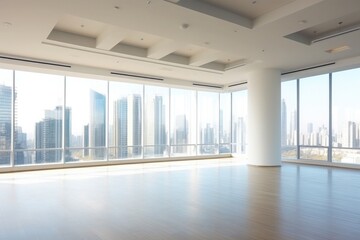 Fototapeta premium Clean empty concrete room interior with windows, city view, sunlight and shadows.