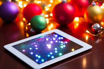 A Modern Holiday Tradition: Close-up View of a Tablet Screen Displaying a Collection of Colorful and Festive E-Holiday Cards for Christmas