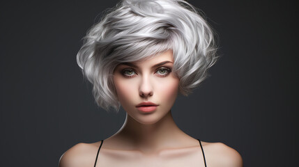 Fototapeta premium portrait of a woman with platinum hair on a black background. The figure in the center of the frame