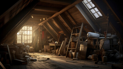 An old attic is filled with memories and stories of long ago - obrazy, fototapety, plakaty