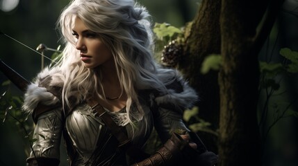 Full body Photo of a elven women archer, silver hair, clothing made of leafs and animal hides - obrazy, fototapety, plakaty