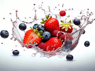 tasty fresh fruits and vegetables in air, levitation,splashed by water isolated on white,blue black.generative ai image