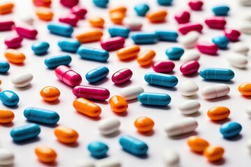 Vibrantly colored pills scattered on a clean, white surface, forming a precise pattern that symbolizes health and wellness